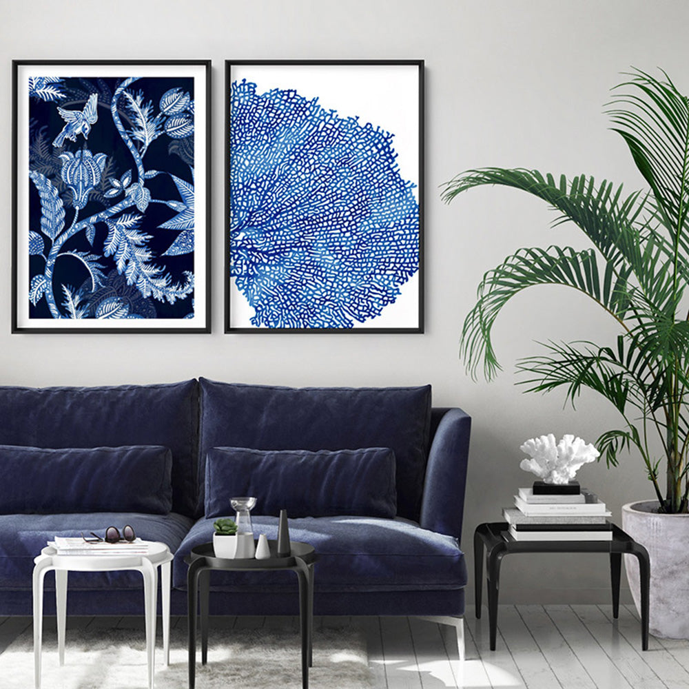 Coral Sea Fan Blue Vertical - Art Print, Poster, Stretched Canvas or Framed Wall Art, shown framed in a home interior space