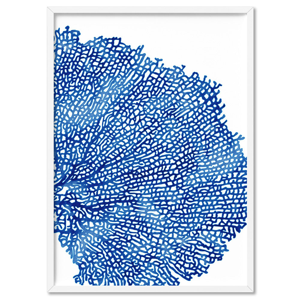 Coral Sea Fan Blue Vertical - Art Print, Poster, Stretched Canvas, or Framed Wall Art Print, shown in a white frame
