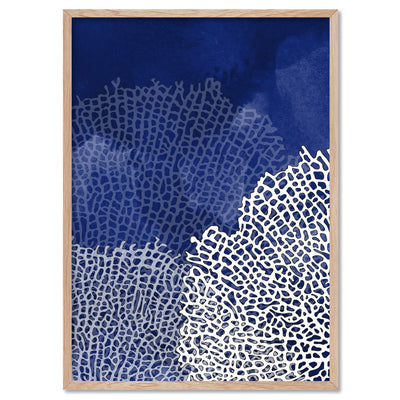 Coral Sea Fans Vertical Blues - Art Print, Poster, Stretched Canvas, or Framed Wall Art Print, shown in a natural timber frame