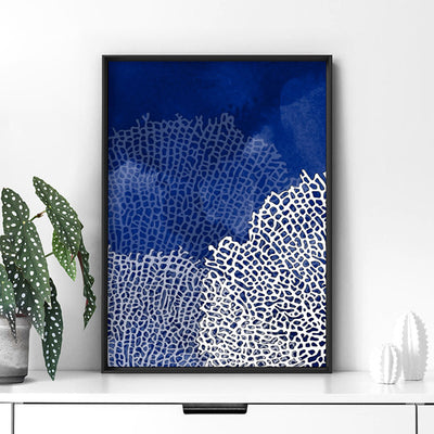 Coral Sea Fans Vertical Blues - Art Print, Poster, Stretched Canvas or Framed Wall Art Prints, shown framed in a room