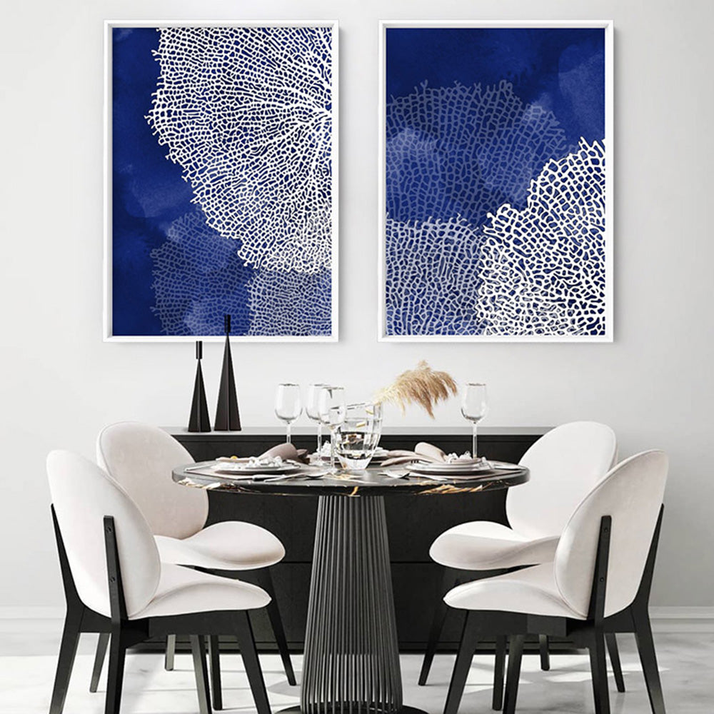 Coral Sea Fans Vertical Blues - Art Print, Poster, Stretched Canvas or Framed Wall Art, shown framed in a home interior space