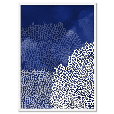 Coral Sea Fans Vertical Blues - Art Print, Poster, Stretched Canvas, or Framed Wall Art Print, shown in a white frame