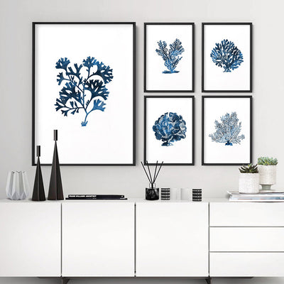 Hamptons Watercolour Blue Coral I - Art Print, Poster, Stretched Canvas or Framed Wall Art, shown framed in a home interior space