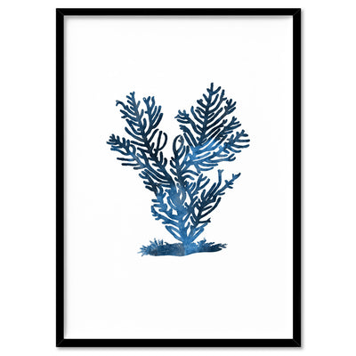 Hamptons Watercolour Blue Coral IV - Art Print, Poster, Stretched Canvas, or Framed Wall Art Print, shown in a black frame