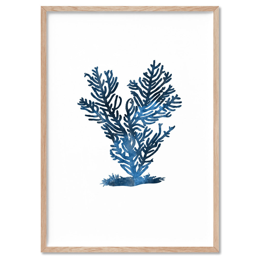 Hamptons Watercolour Blue Coral IV - Art Print, Poster, Stretched Canvas, or Framed Wall Art Print, shown in a natural timber frame