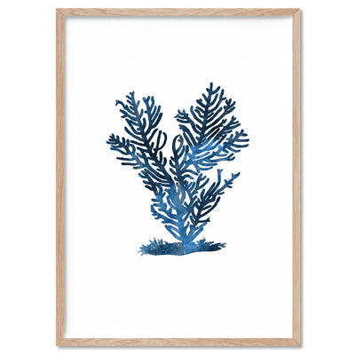 Hamptons Watercolour Blue Coral IV - Art Print, Poster, Stretched Canvas, or Framed Wall Art Print, shown in a natural timber frame