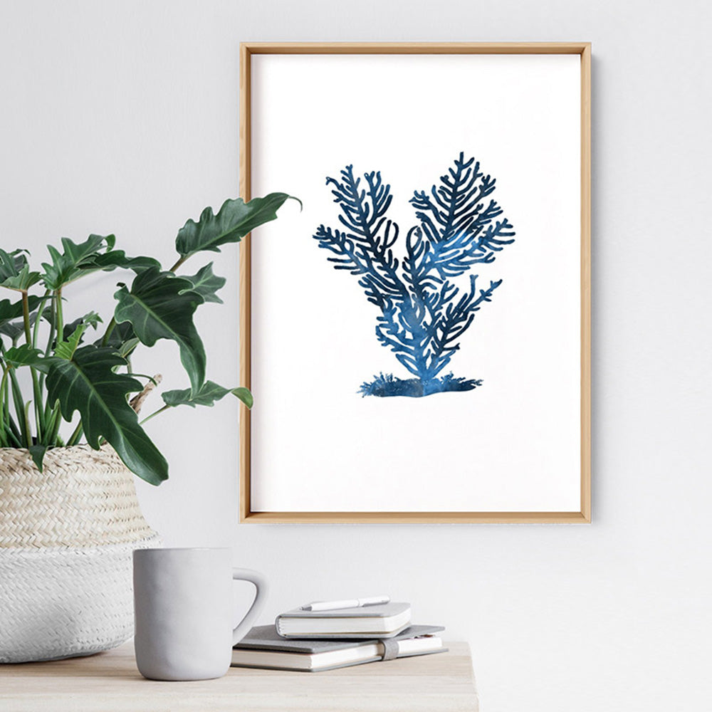 Hamptons Watercolour Blue Coral IV - Art Print, Poster, Stretched Canvas or Framed Wall Art Prints, shown framed in a room