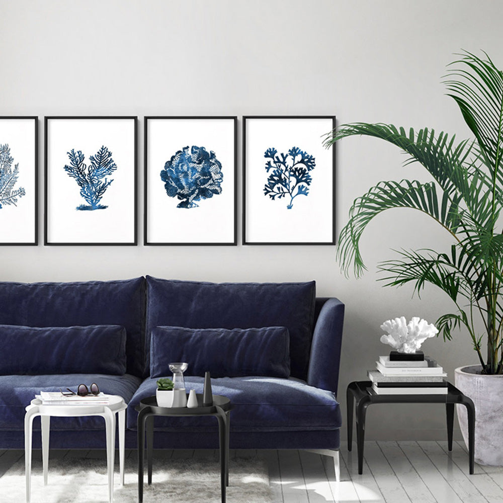 Hamptons Watercolour Blue Coral IV - Art Print, Poster, Stretched Canvas or Framed Wall Art, shown framed in a home interior space