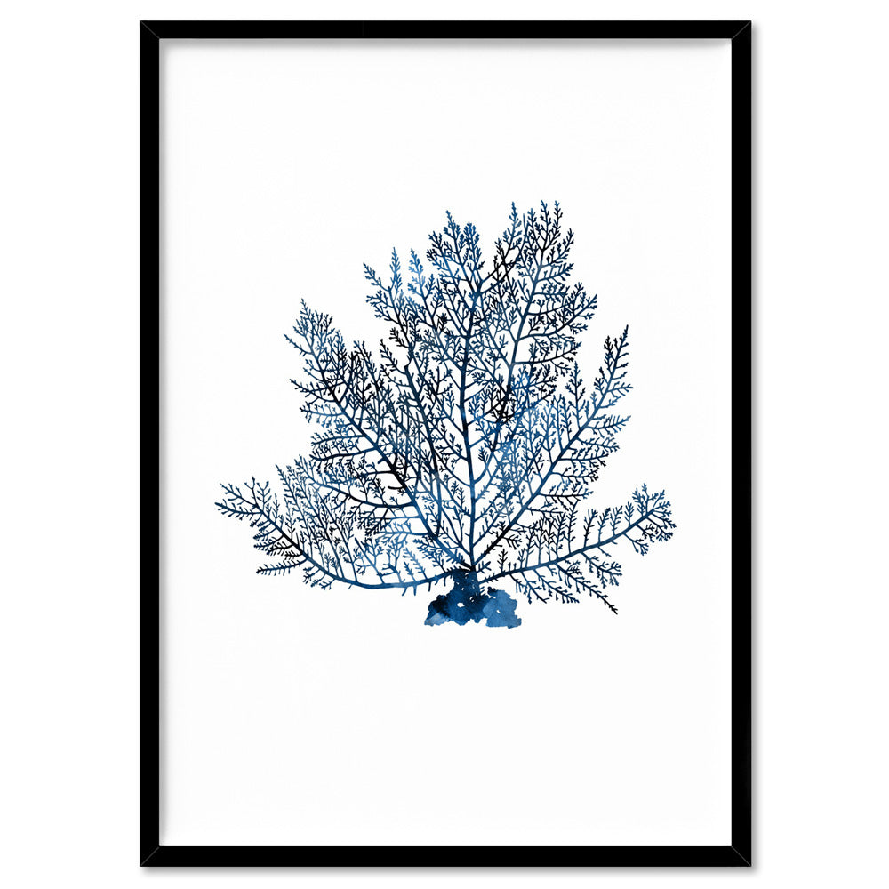 Hamptons Watercolour Blue Coral V - Art Print, Poster, Stretched Canvas, or Framed Wall Art Print, shown in a black frame