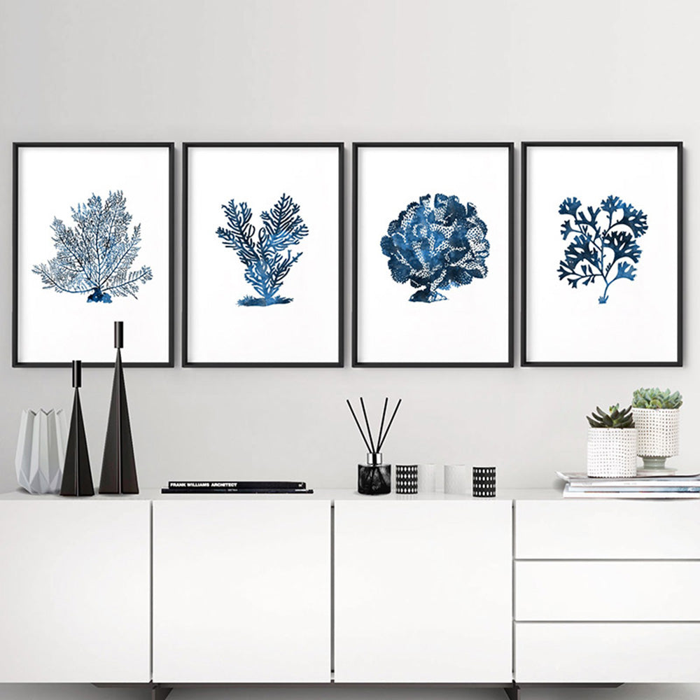 Hamptons Watercolour Blue Coral V - Art Print, Poster, Stretched Canvas or Framed Wall Art, shown framed in a home interior space