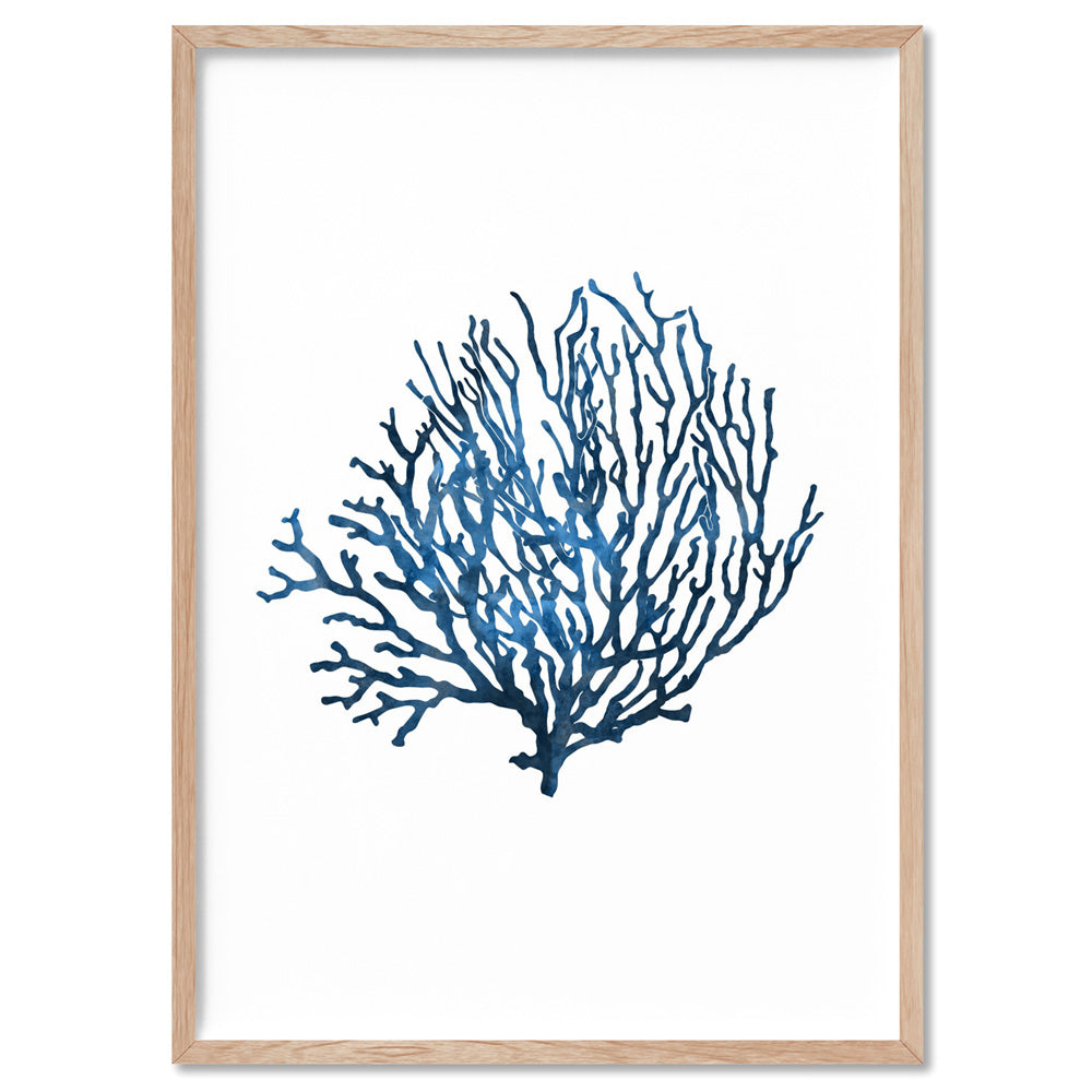 Hamptons Watercolour Blue Coral VI - Art Print, Poster, Stretched Canvas, or Framed Wall Art Print, shown in a natural timber frame