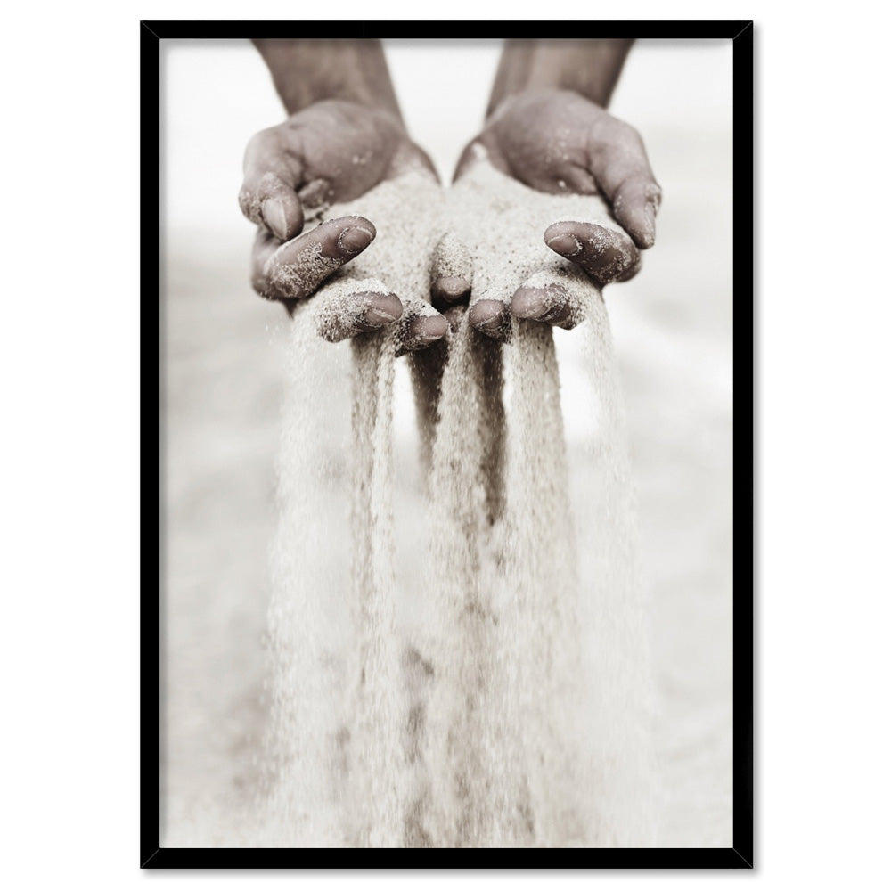 Sand Falling through Hands - Art Print, Poster, Stretched Canvas, or Framed Wall Art Print, shown in a black frame