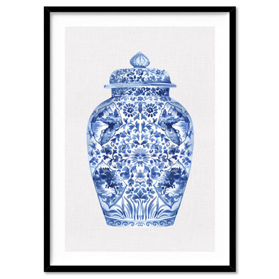 Chinoiserie Ginger Jar on Linen I - Art Print, Poster, Stretched Canvas, or Framed Wall Art Print, shown in a black frame