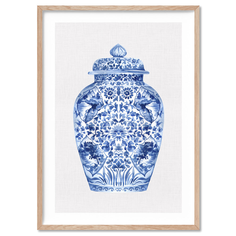 Chinoiserie Ginger Jar on Linen I - Art Print, Poster, Stretched Canvas, or Framed Wall Art Print, shown in a natural timber frame