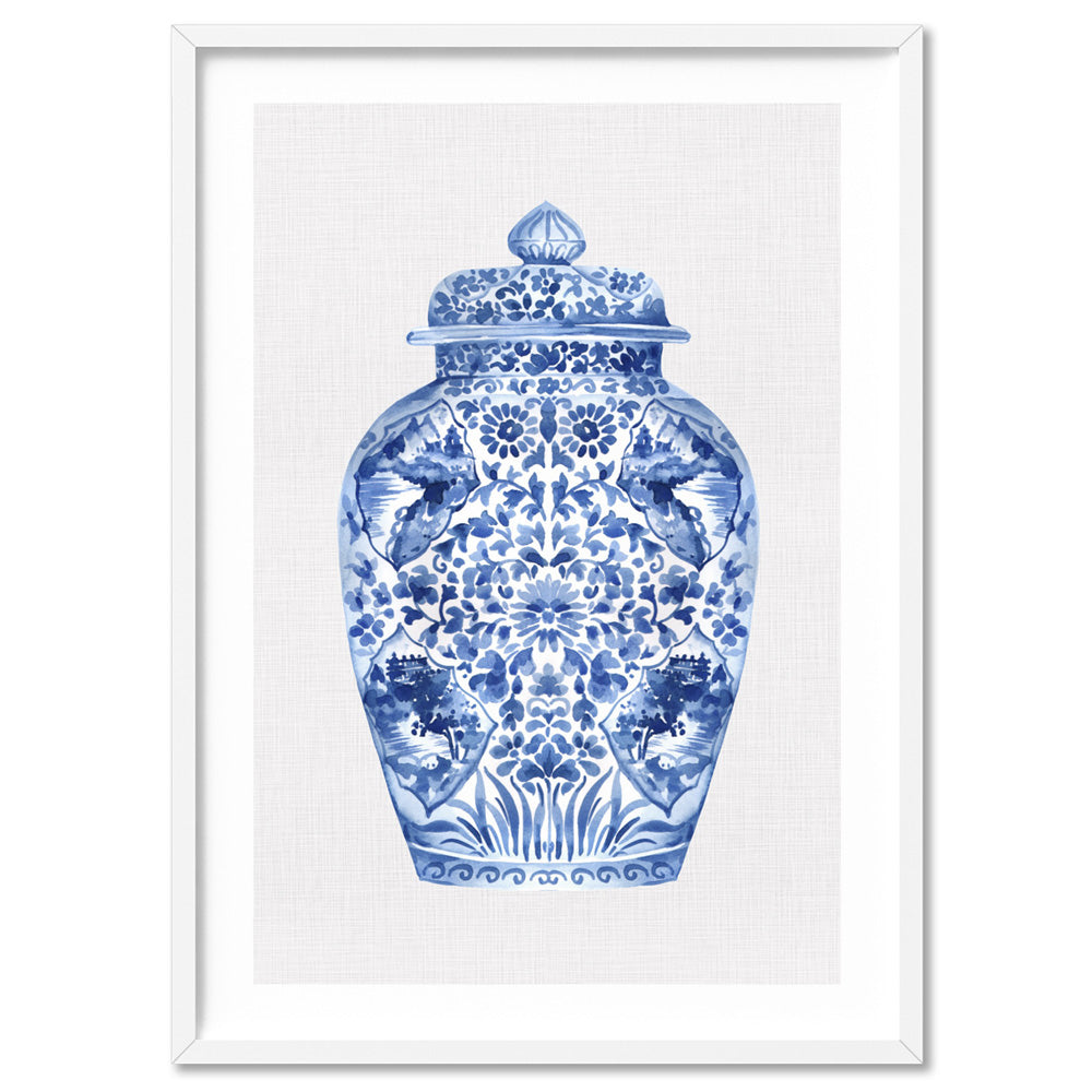 Chinoiserie Ginger Jar on Linen I - Art Print, Poster, Stretched Canvas, or Framed Wall Art Print, shown in a white frame