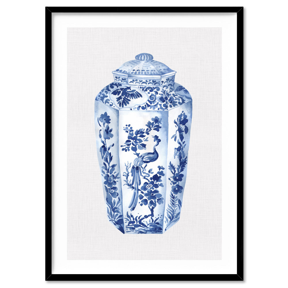Chinoiserie Ginger Jar on Linen II - Art Print, Poster, Stretched Canvas, or Framed Wall Art Print, shown in a black frame