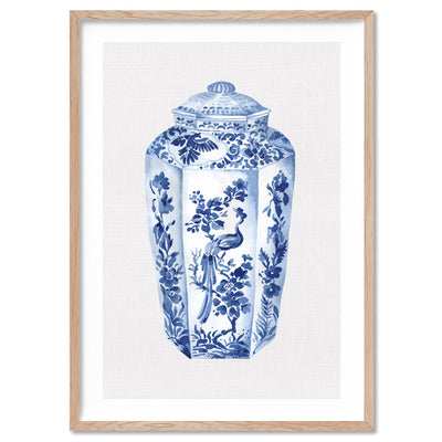 Chinoiserie Ginger Jar on Linen II - Art Print, Poster, Stretched Canvas, or Framed Wall Art Print, shown in a natural timber frame