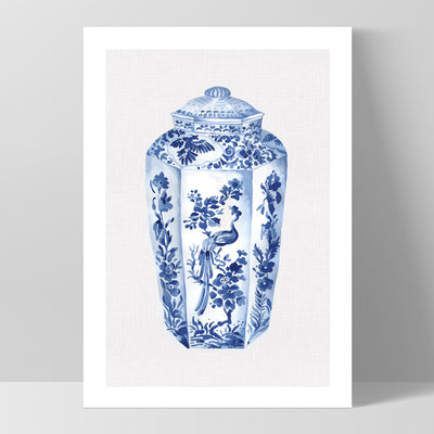 Chinoiserie Ginger Jar on Linen II - Art Print, Poster, Stretched Canvas, or Framed Wall Art Print, shown as a stretched canvas or poster without a frame