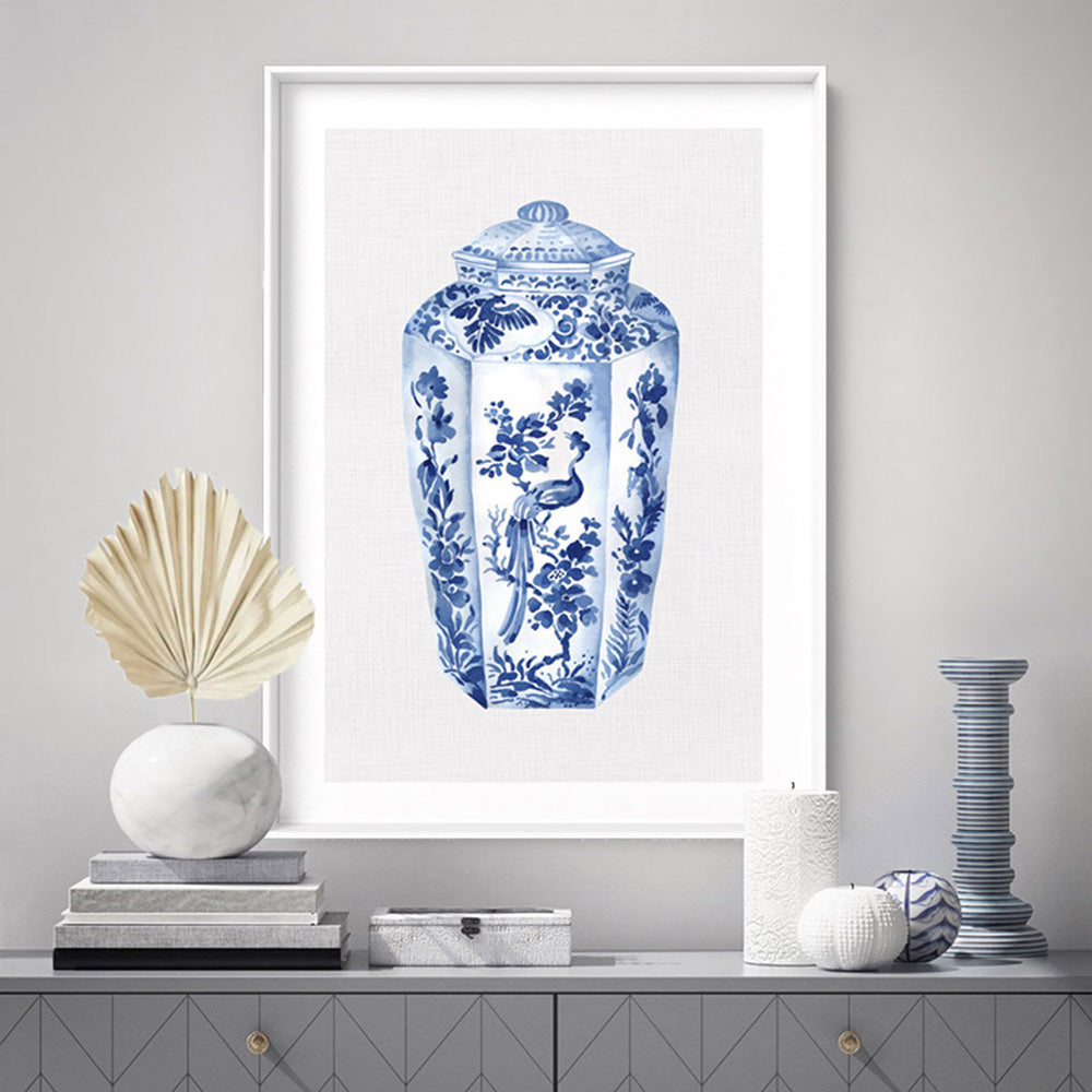 Chinoiserie Ginger Jar on Linen II - Art Print, Poster, Stretched Canvas or Framed Wall Art Prints, shown framed in a room