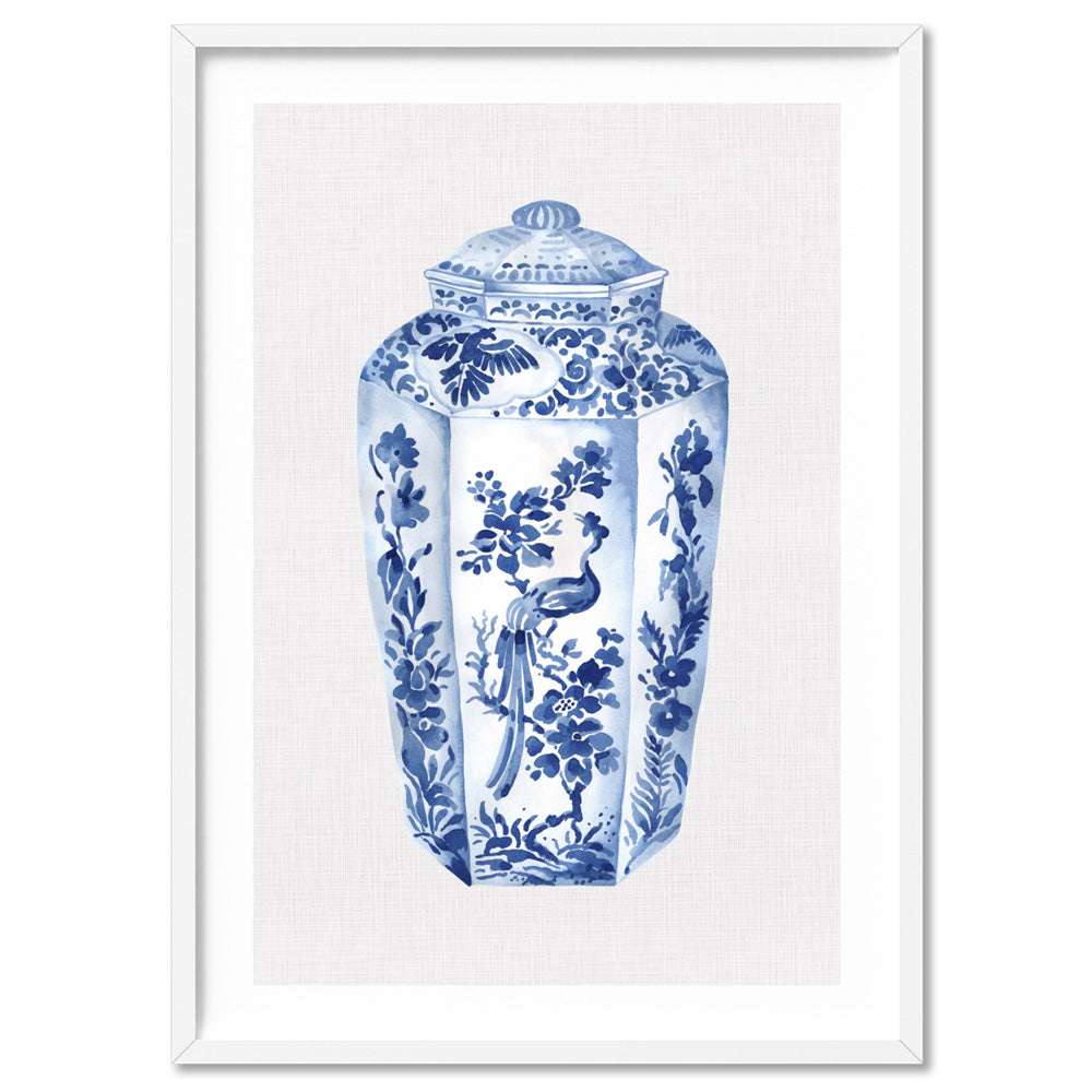 Chinoiserie Ginger Jar on Linen II - Art Print, Poster, Stretched Canvas, or Framed Wall Art Print, shown in a white frame