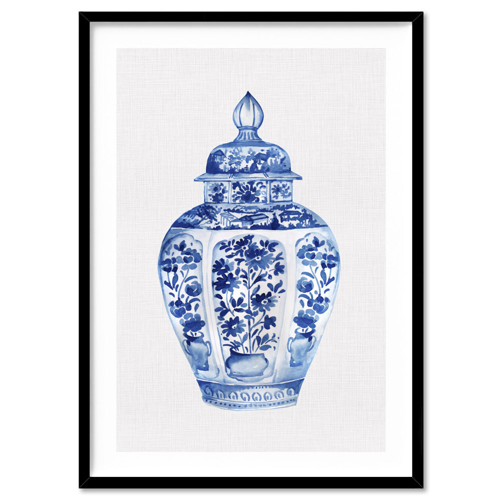 Chinoiserie Ginger Jar on Linen III - Art Print, Poster, Stretched Canvas, or Framed Wall Art Print, shown in a black frame