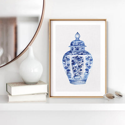 Chinoiserie Ginger Jar on Linen III - Art Print, Poster, Stretched Canvas or Framed Wall Art Prints, shown framed in a room