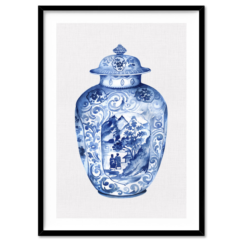 Chinoiserie Ginger Jar on Linen IV - Art Print, Poster, Stretched Canvas, or Framed Wall Art Print, shown in a black frame