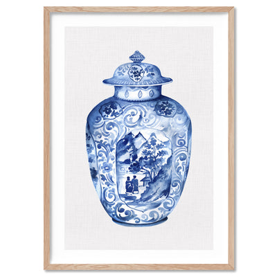 Chinoiserie Ginger Jar on Linen IV - Art Print, Poster, Stretched Canvas, or Framed Wall Art Print, shown in a natural timber frame