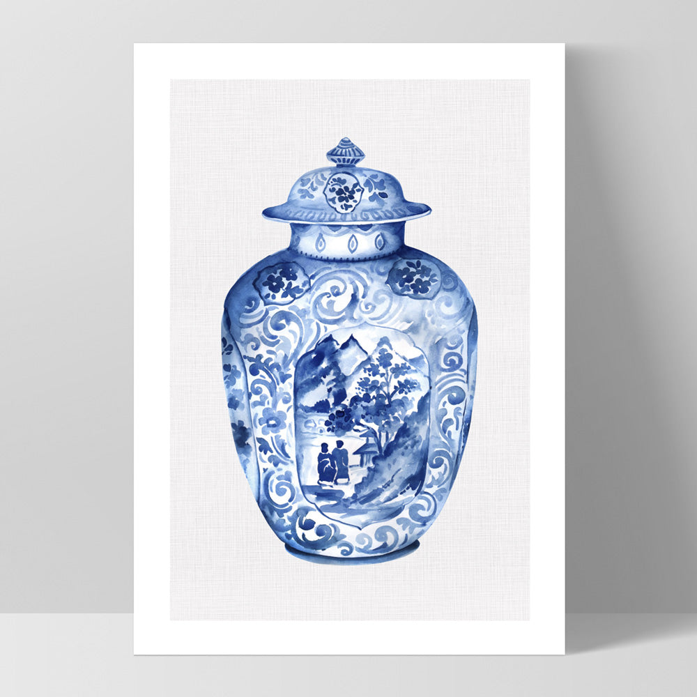 Chinoiserie Ginger Jar on Linen IV - Art Print, Poster, Stretched Canvas, or Framed Wall Art Print, shown as a stretched canvas or poster without a frame