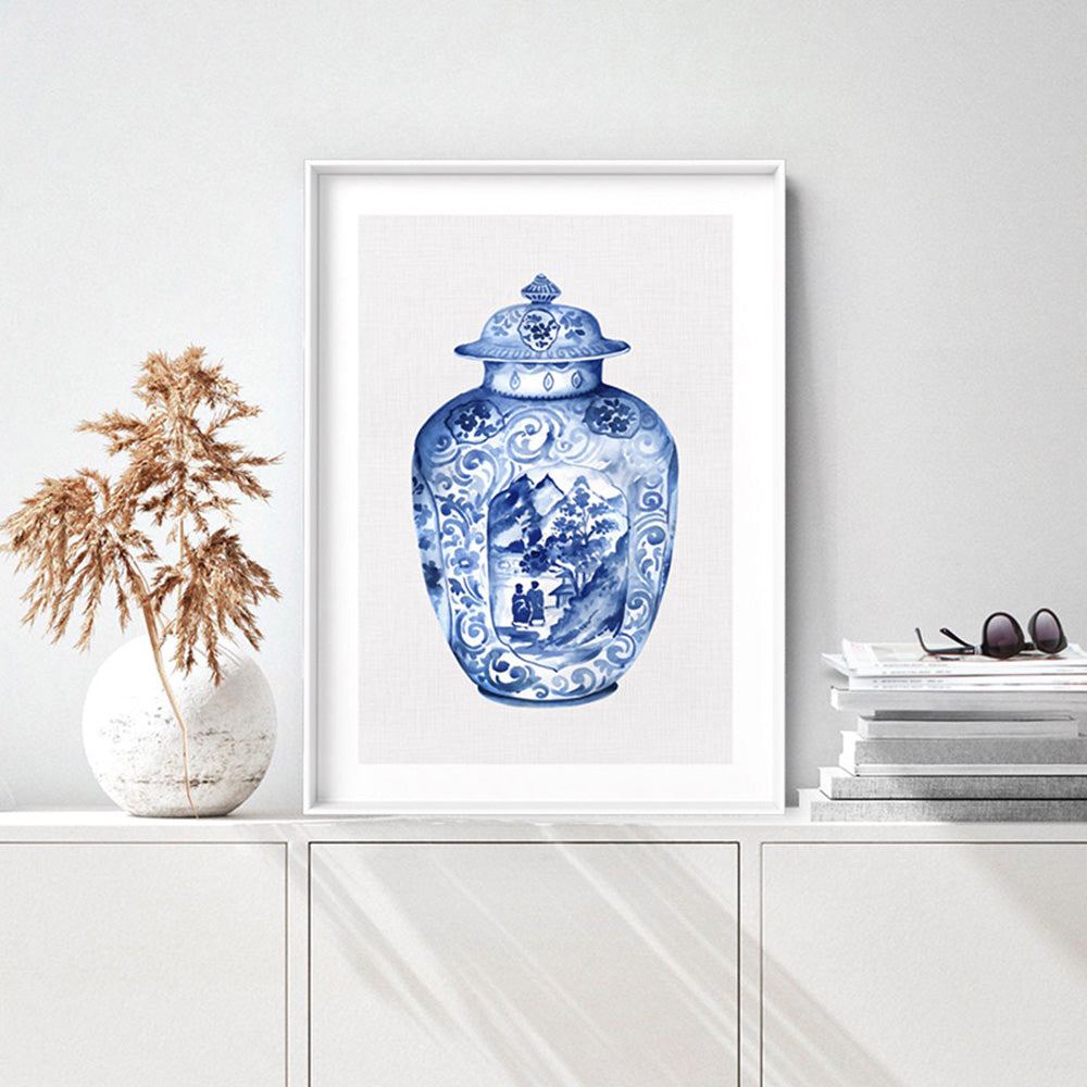 Chinoiserie Ginger Jar on Linen IV - Art Print, Poster, Stretched Canvas or Framed Wall Art Prints, shown framed in a room