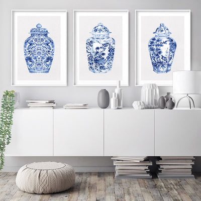 Chinoiserie Ginger Jar on Linen IV - Art Print, Poster, Stretched Canvas or Framed Wall Art, shown framed in a home interior space
