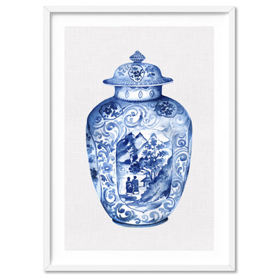 Chinoiserie Ginger Jar on Linen IV - Art Print, Poster, Stretched Canvas, or Framed Wall Art Print, shown in a white frame