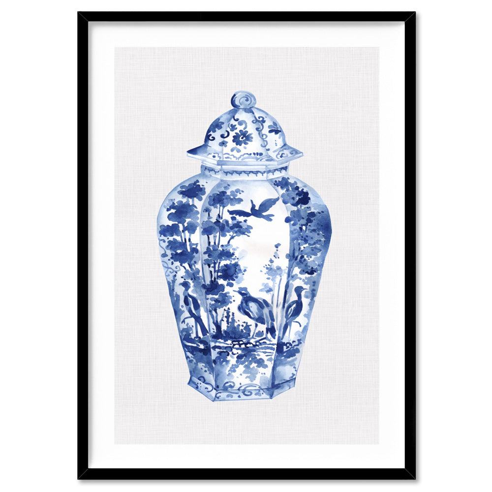 Chinoiserie Ginger Jar on Linen V - Art Print, Poster, Stretched Canvas, or Framed Wall Art Print, shown in a black frame