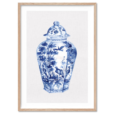 Chinoiserie Ginger Jar on Linen V - Art Print, Poster, Stretched Canvas, or Framed Wall Art Print, shown in a natural timber frame