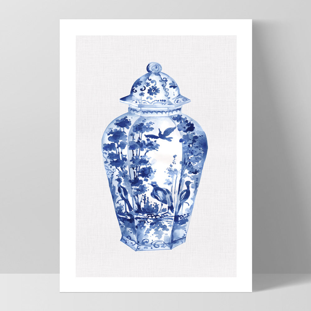 Chinoiserie Ginger Jar on Linen V - Art Print, Poster, Stretched Canvas, or Framed Wall Art Print, shown as a stretched canvas or poster without a frame
