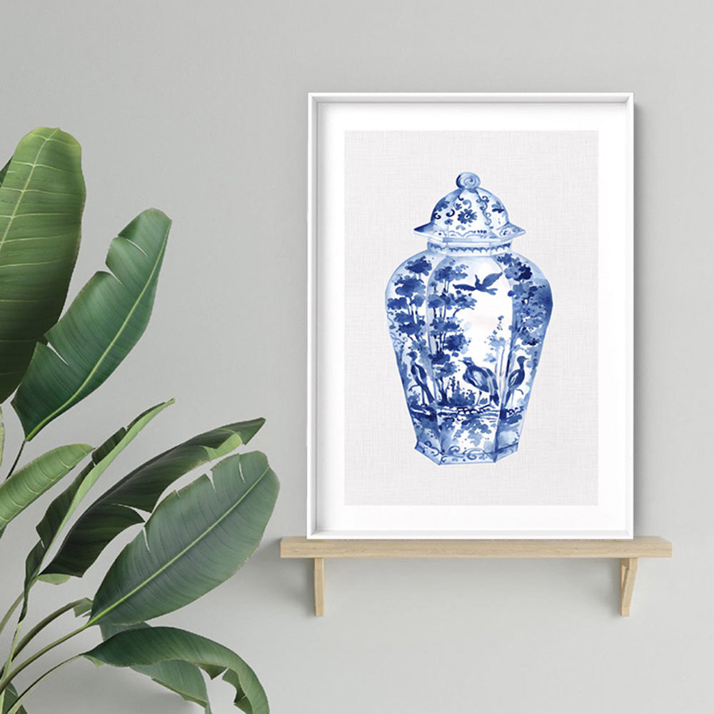Chinoiserie Ginger Jar on Linen V - Art Print, Poster, Stretched Canvas or Framed Wall Art Prints, shown framed in a room