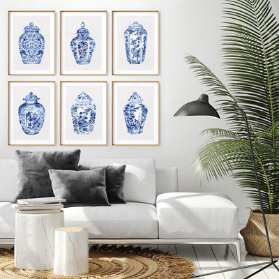 Chinoiserie Ginger Jar on Linen V - Art Print, Poster, Stretched Canvas or Framed Wall Art, shown framed in a home interior space