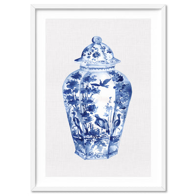 Chinoiserie Ginger Jar on Linen V - Art Print, Poster, Stretched Canvas, or Framed Wall Art Print, shown in a white frame