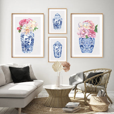 Floral Ginger Jar on Linen I - Art Print, Poster, Stretched Canvas or Framed Wall Art, shown framed in a home interior space