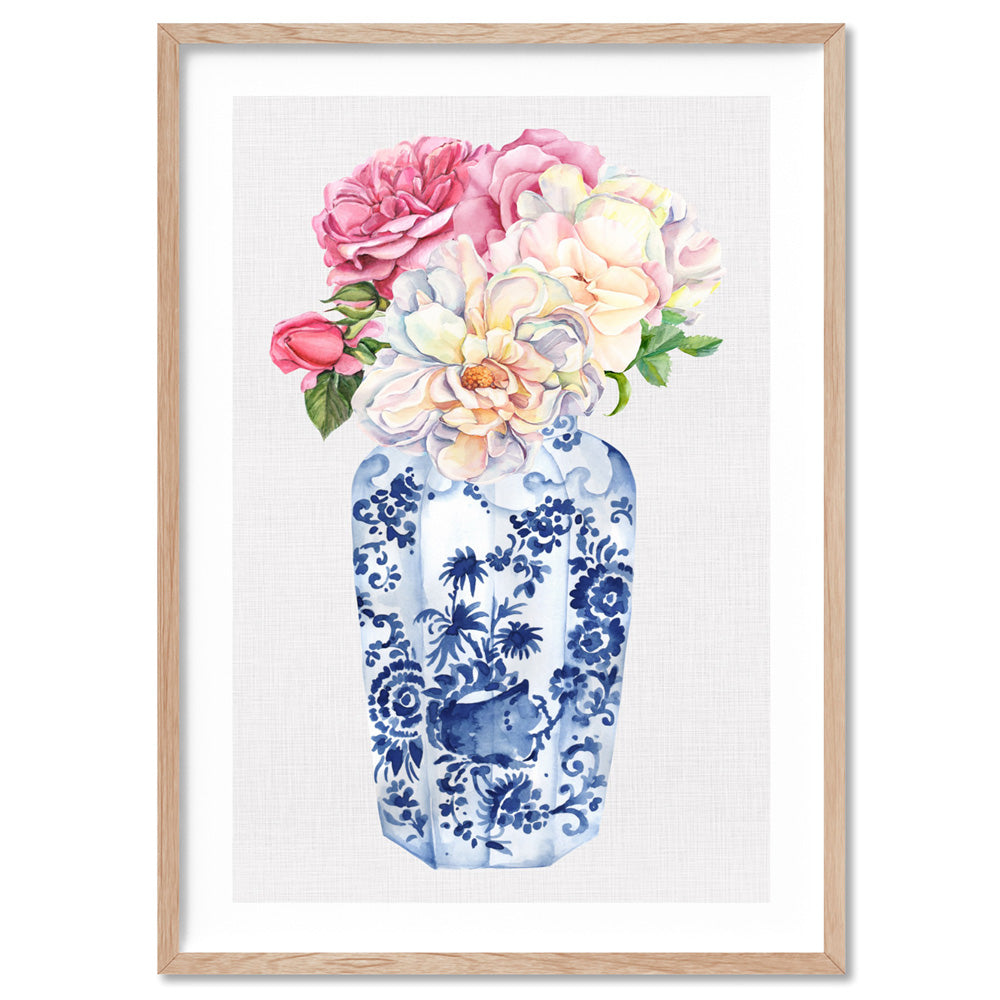 Floral Ginger Jar on Linen II - Art Print, Poster, Stretched Canvas, or Framed Wall Art Print, shown in a natural timber frame