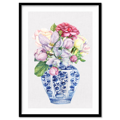 Floral Ginger Jar on Linen III - Art Print, Poster, Stretched Canvas, or Framed Wall Art Print, shown in a black frame