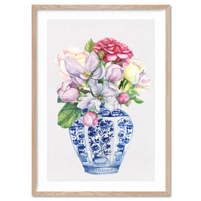 Floral Ginger Jar on Linen III - Art Print, Poster, Stretched Canvas, or Framed Wall Art Print, shown in a natural timber frame