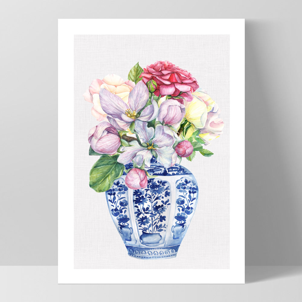 Floral Ginger Jar on Linen III - Art Print, Poster, Stretched Canvas, or Framed Wall Art Print, shown as a stretched canvas or poster without a frame