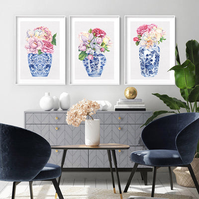 Floral Ginger Jar on Linen III - Art Print, Poster, Stretched Canvas or Framed Wall Art, shown framed in a home interior space
