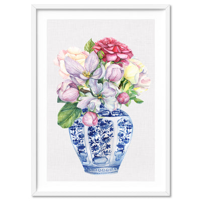 Floral Ginger Jar on Linen III - Art Print, Poster, Stretched Canvas, or Framed Wall Art Print, shown in a white frame