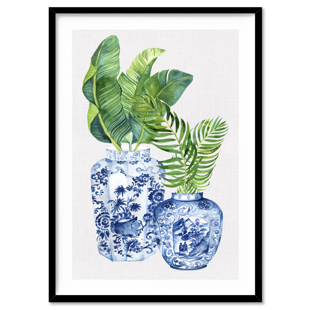 Palm Leaves Ginger Jar Duo - Art Print, Poster, Stretched Canvas, or Framed Wall Art Print, shown in a black frame
