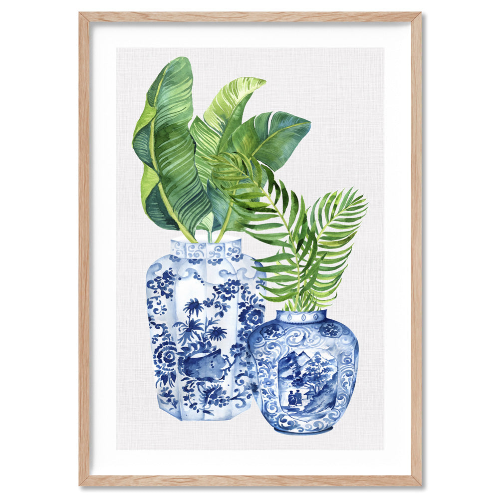 Palm Leaves Ginger Jar Duo - Art Print, Poster, Stretched Canvas, or Framed Wall Art Print, shown in a natural timber frame