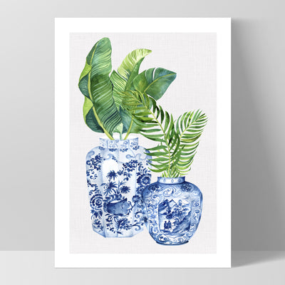 Palm Leaves Ginger Jar Duo - Art Print, Poster, Stretched Canvas, or Framed Wall Art Print, shown as a stretched canvas or poster without a frame