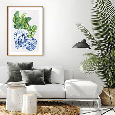 Palm Leaves Ginger Jar Duo - Art Print, Poster, Stretched Canvas or Framed Wall Art Prints, shown framed in a room