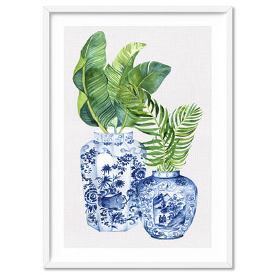 Palm Leaves Ginger Jar Duo - Art Print, Poster, Stretched Canvas, or Framed Wall Art Print, shown in a white frame